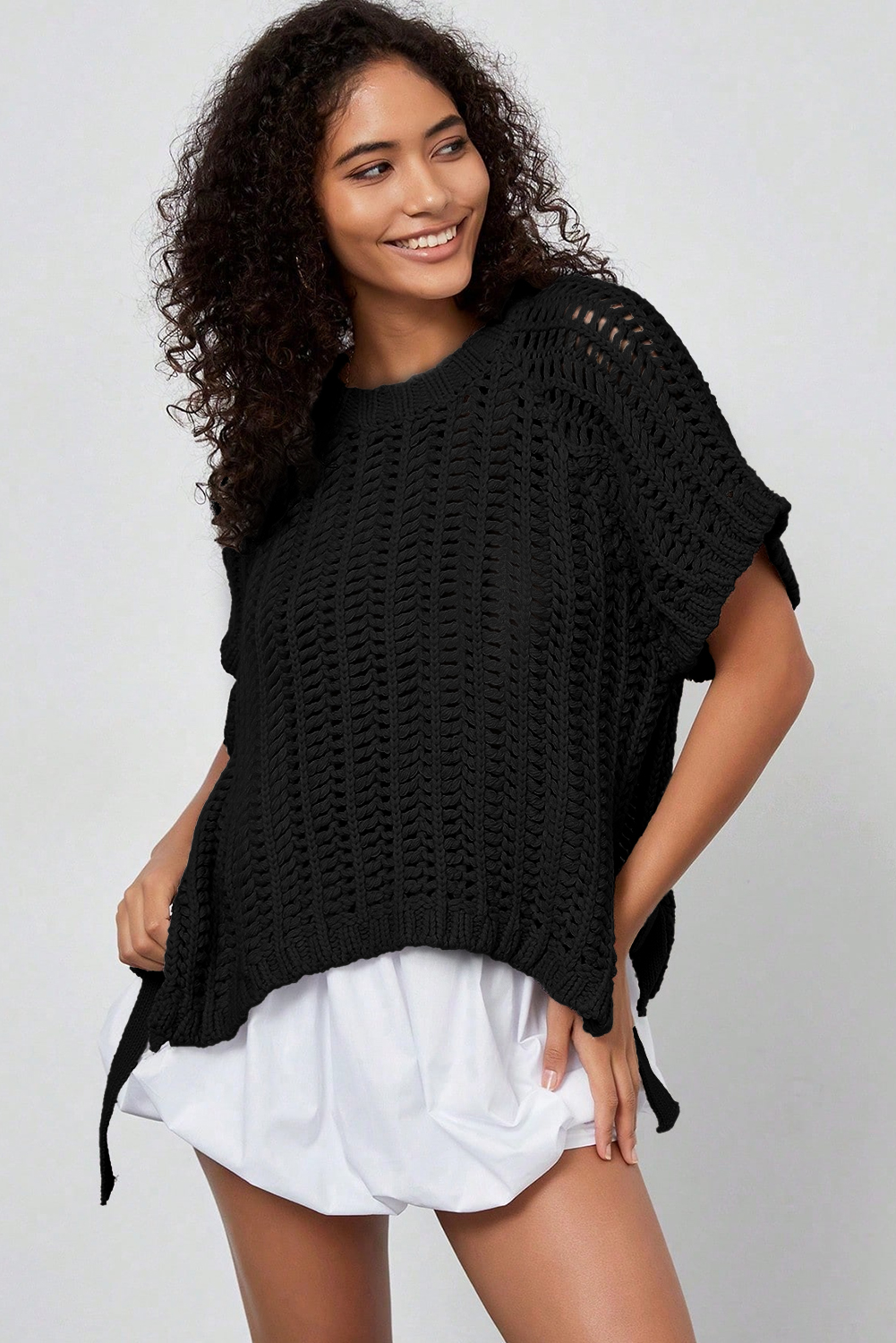 Ashleigh Blue Plus Size Open Knit Bow Tie Short Sleeve Sweater - Image 15