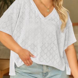 White Pointelle Rhombus Knit Plus Size V Neck Loose Top