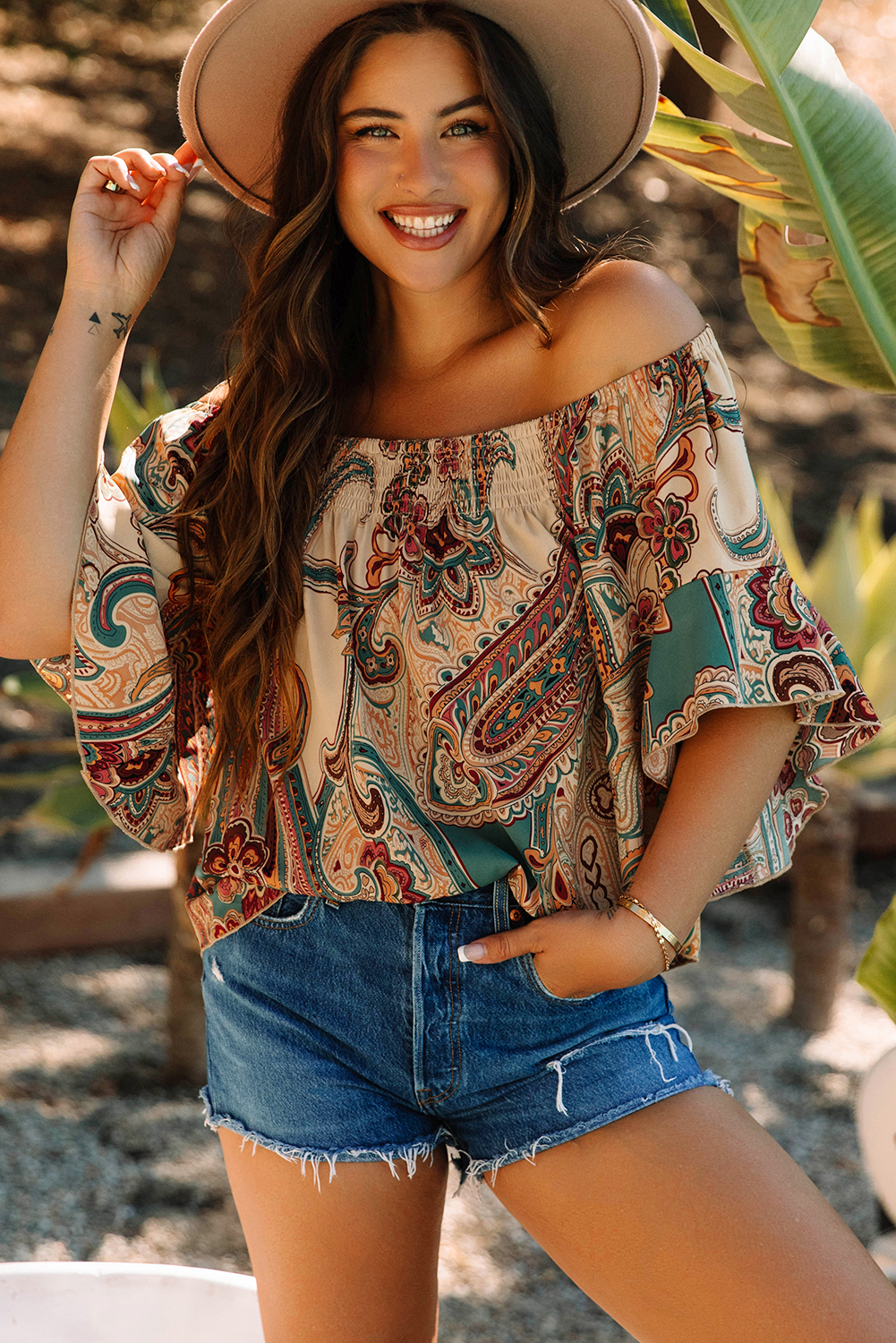 Apricot Paisley Printed Shirred Off Shoulder Ruffled Draped Sleeve Blouse - Image 5