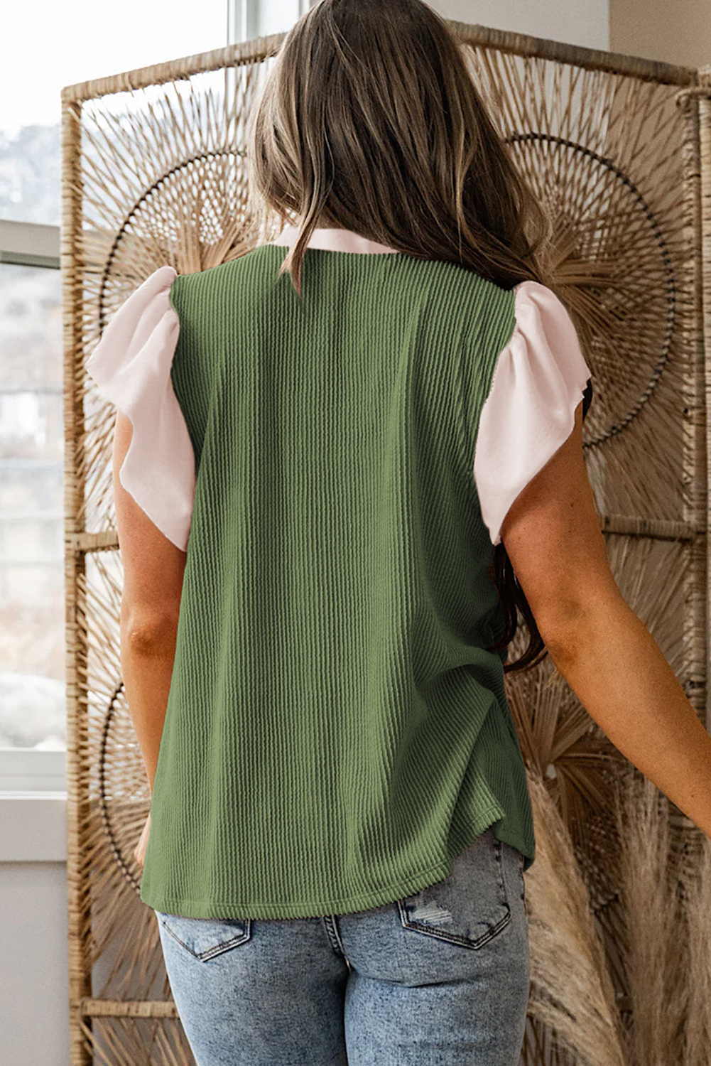 Fushia Plus Size Contrast Frilled Neckline Ruffled Short Sleeve Ribbed Textured Blouse - Image 8