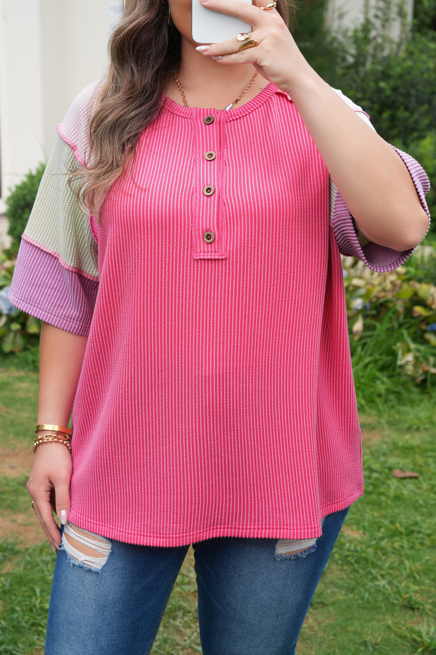 Bright Pink Plus Size Twisted Rib Color Block Patchwork Short Sleeve Henley Top - Image 7