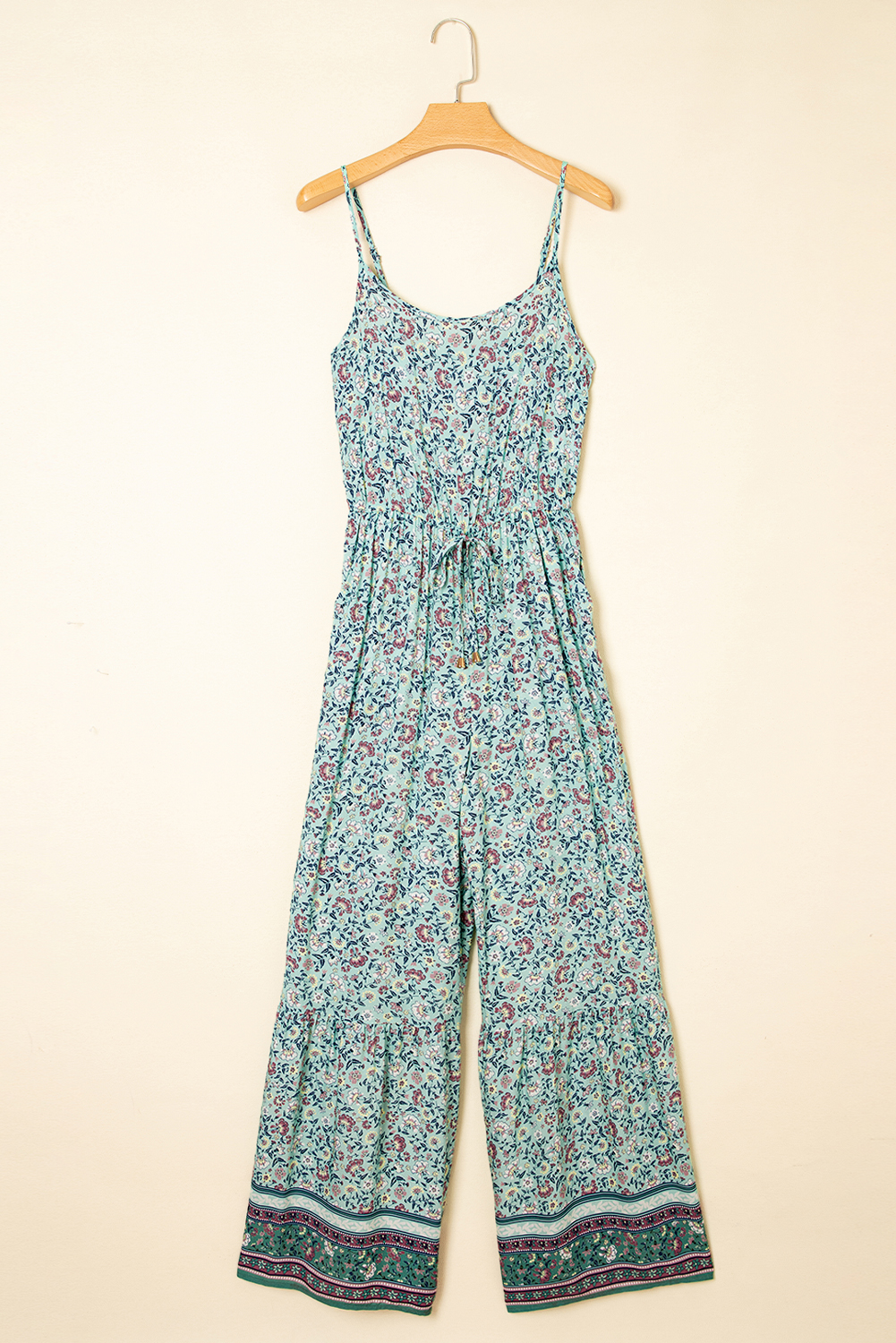 Green Bohemian Floral Ruffle Bottom Spaghetti Strap Jumpsuit - Image 8
