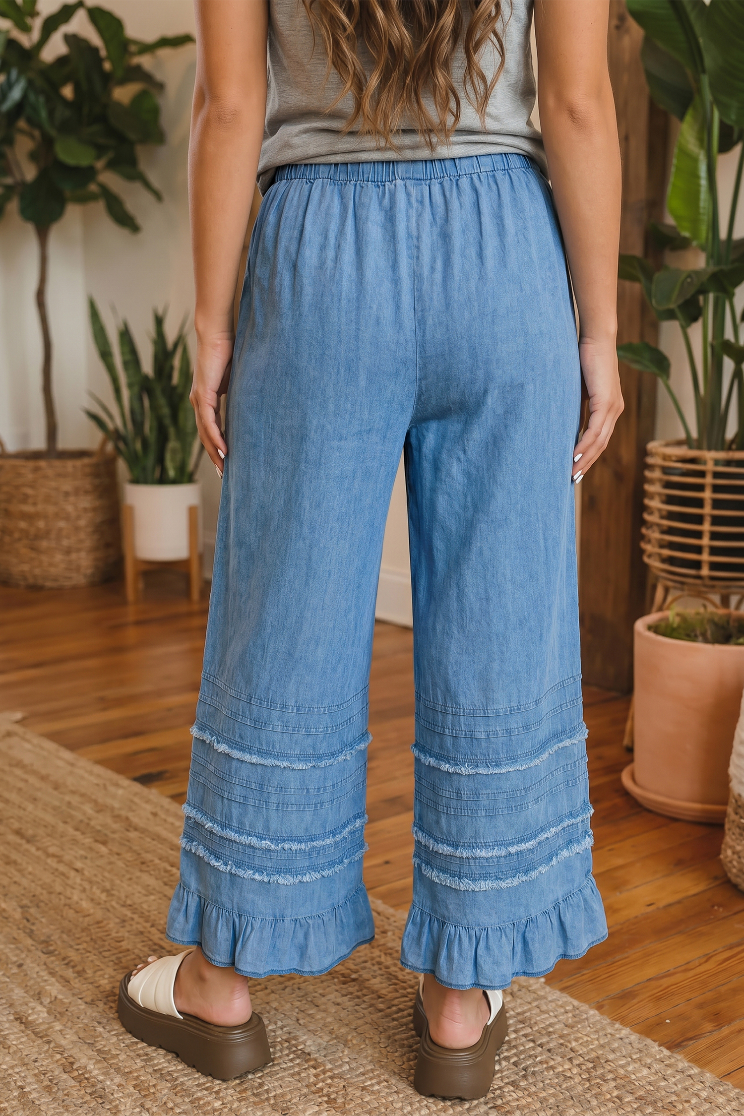 Dusk Blue Ruffled Hem Wide Leg Chambray Pants - Image 2