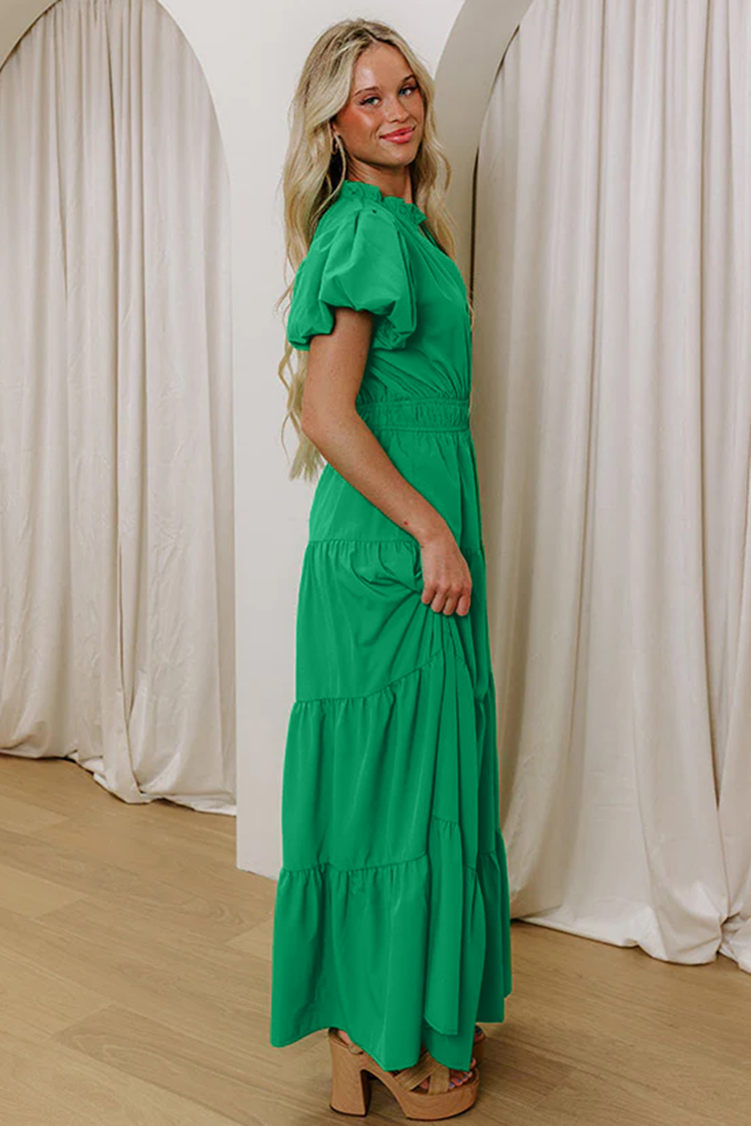 Gossamer Pink Solid Color V Neck Short Puff Sleeve High Waist Tiered Maxi Dress - Image 6