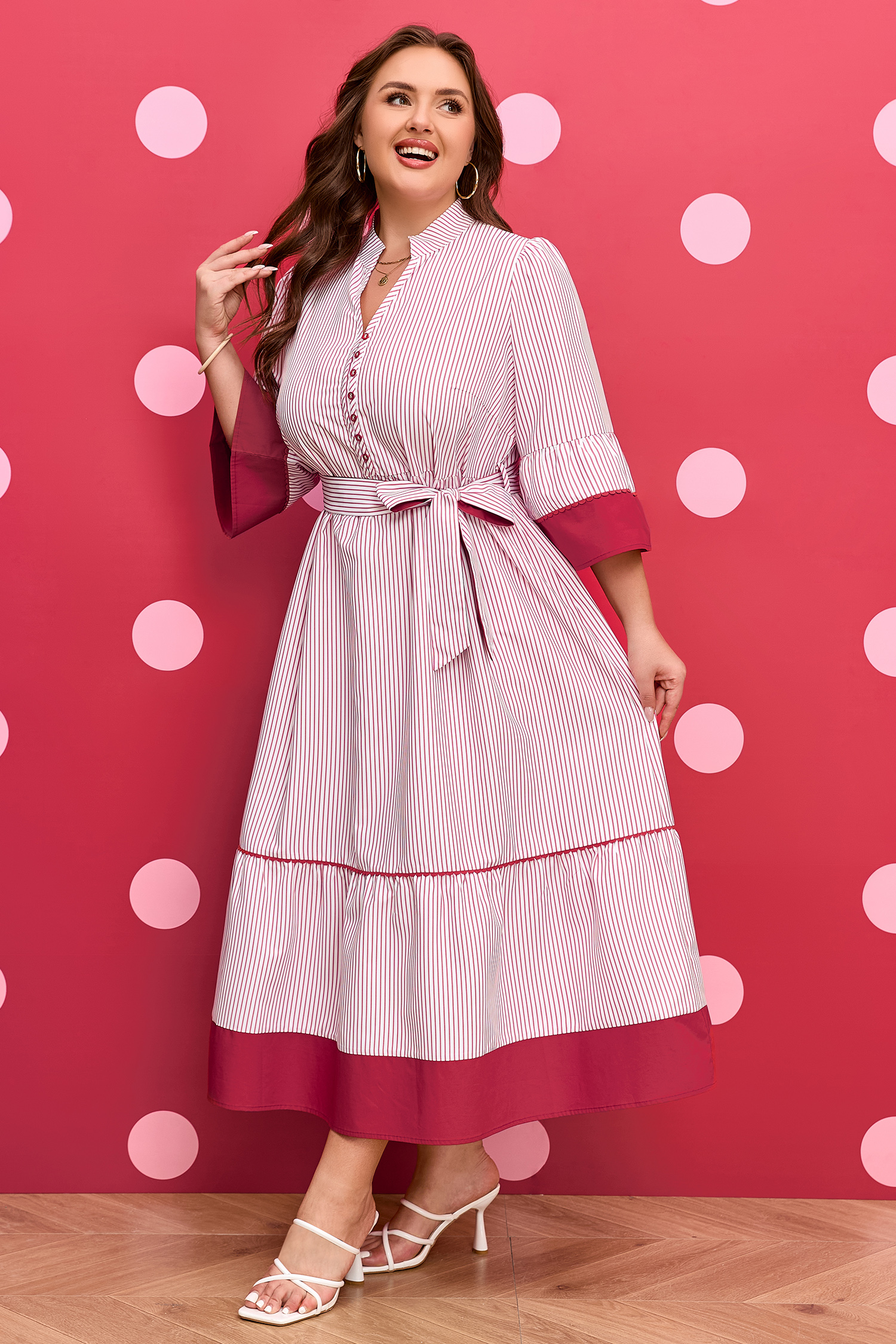 Red Stripe Plus Size Ruffled Hem Pinstriped Midi Dress - Image 7