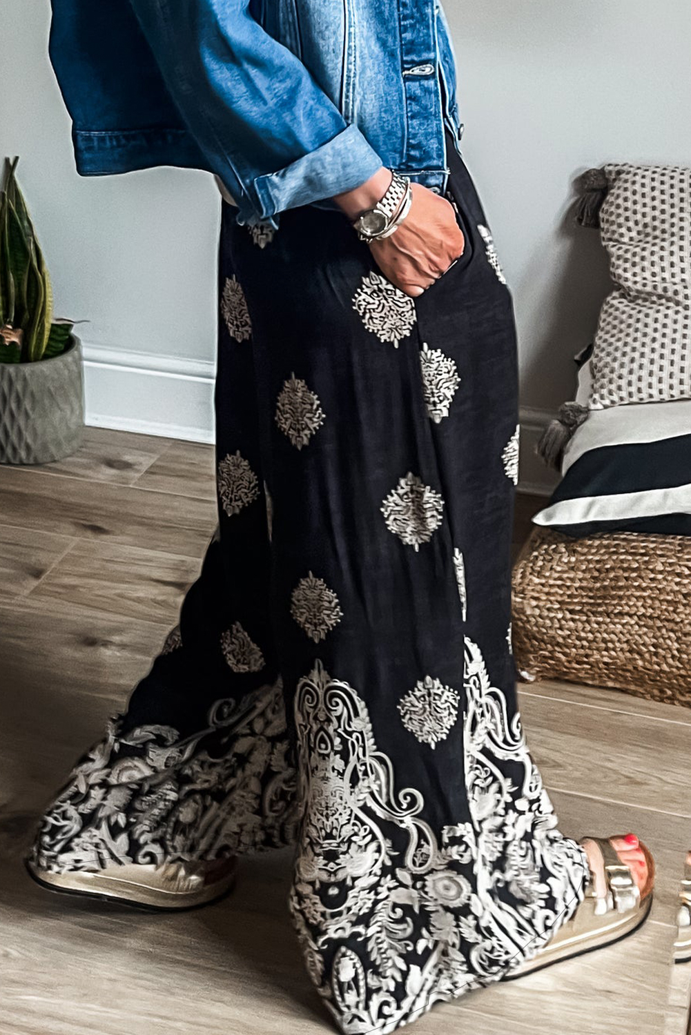 Black Bohemian Printed Drawstring Elastic Waistband Wide Leg Pants - Image 2