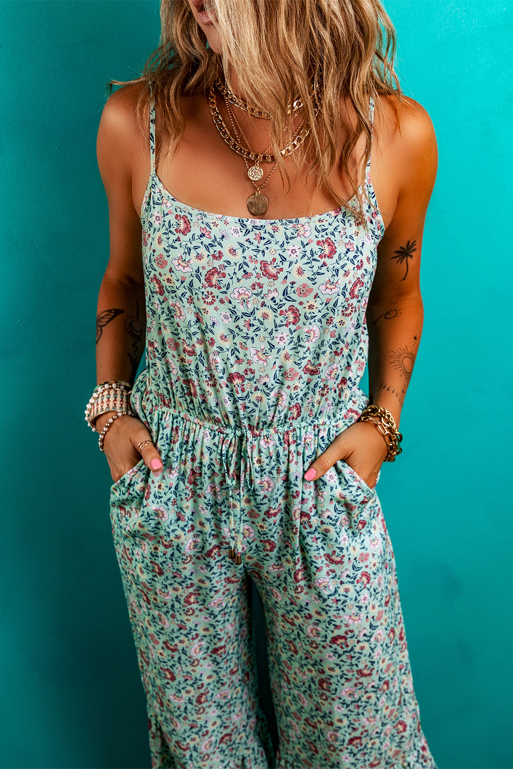 Green Bohemian Floral Ruffle Bottom Spaghetti Strap Jumpsuit - Image 6