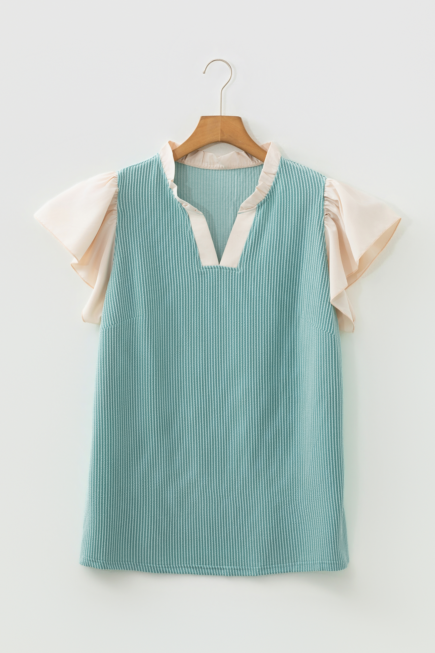 Fushia Plus Size Contrast Frilled Neckline Ruffled Short Sleeve Ribbed Textured Blouse - Image 12