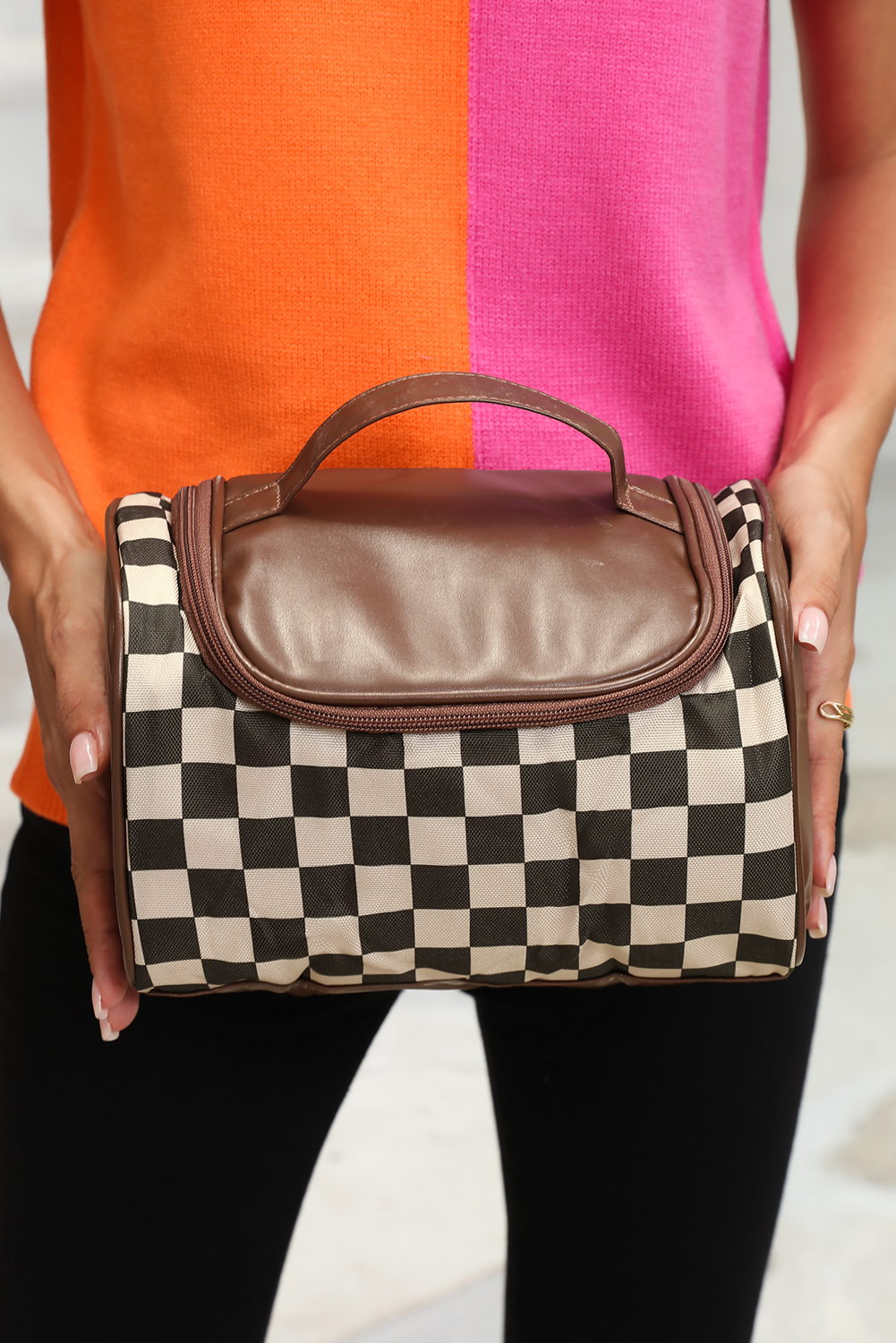 Black Checkered PU Leather Zipper Makeup Bag - Image 4