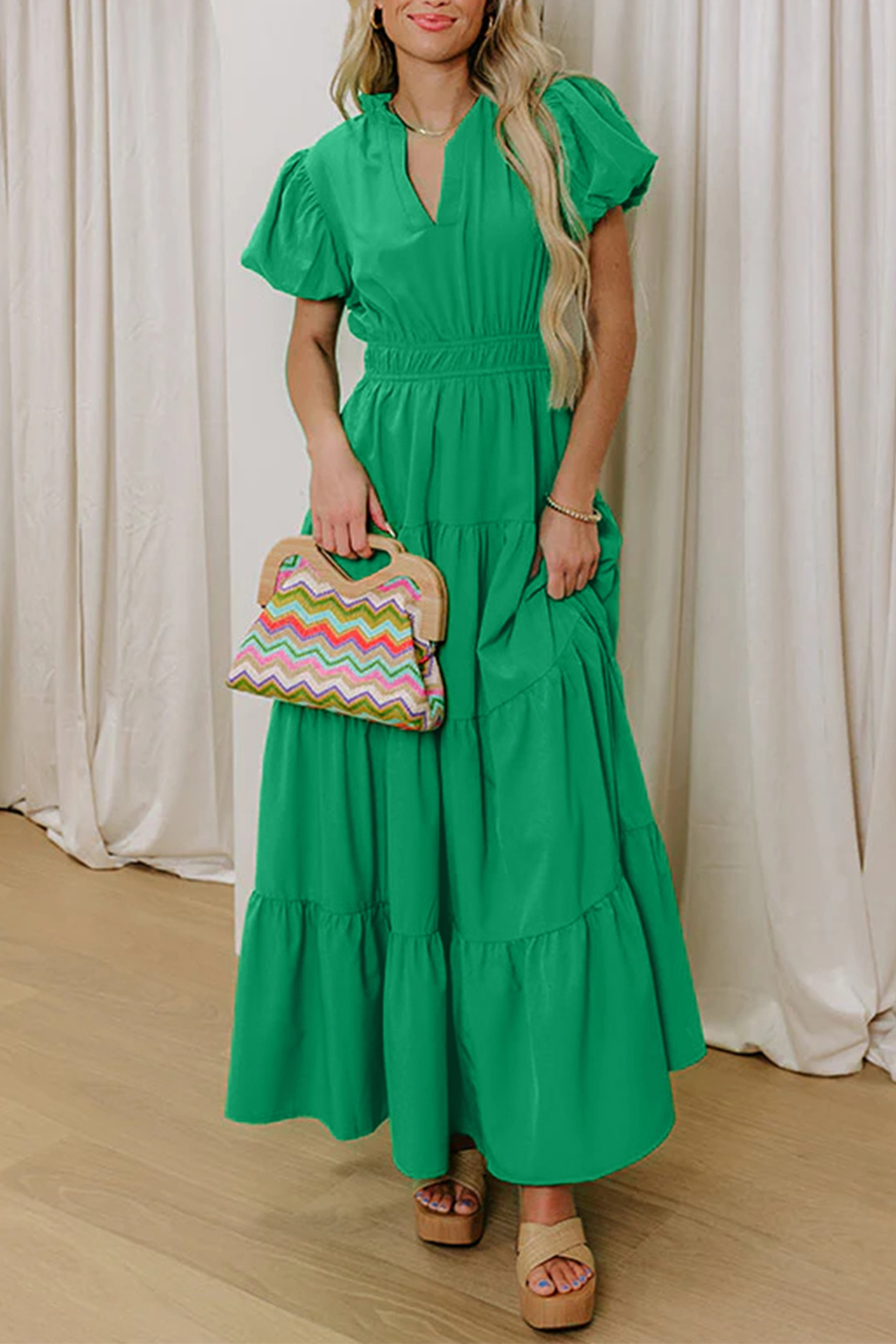 Gossamer Pink Solid Color V Neck Short Puff Sleeve High Waist Tiered Maxi Dress - Image 4