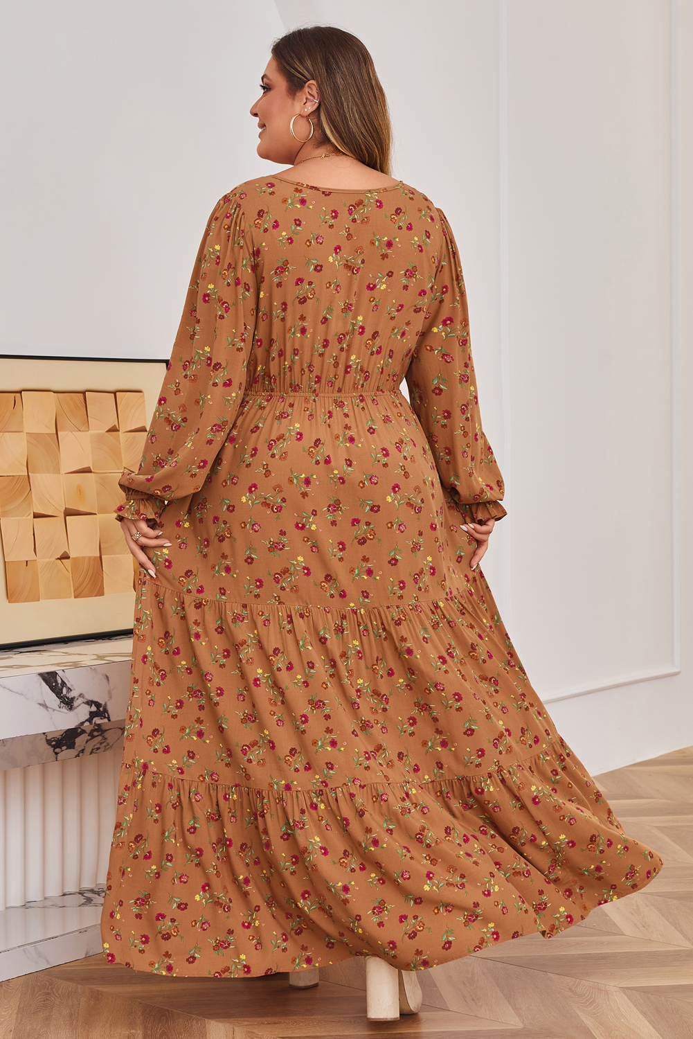 Brown Plus Size Floral Split V Neck Ruffled Sleeve Tiered Maxi Dress - Image 2