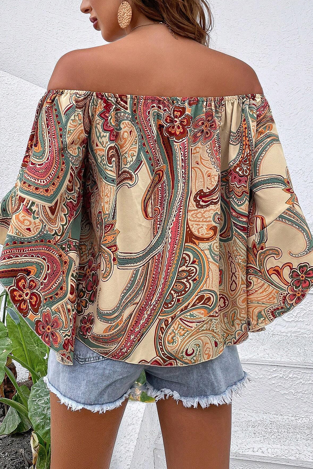 Apricot Paisley Printed Shirred Off Shoulder Ruffled Draped Sleeve Blouse - Image 8