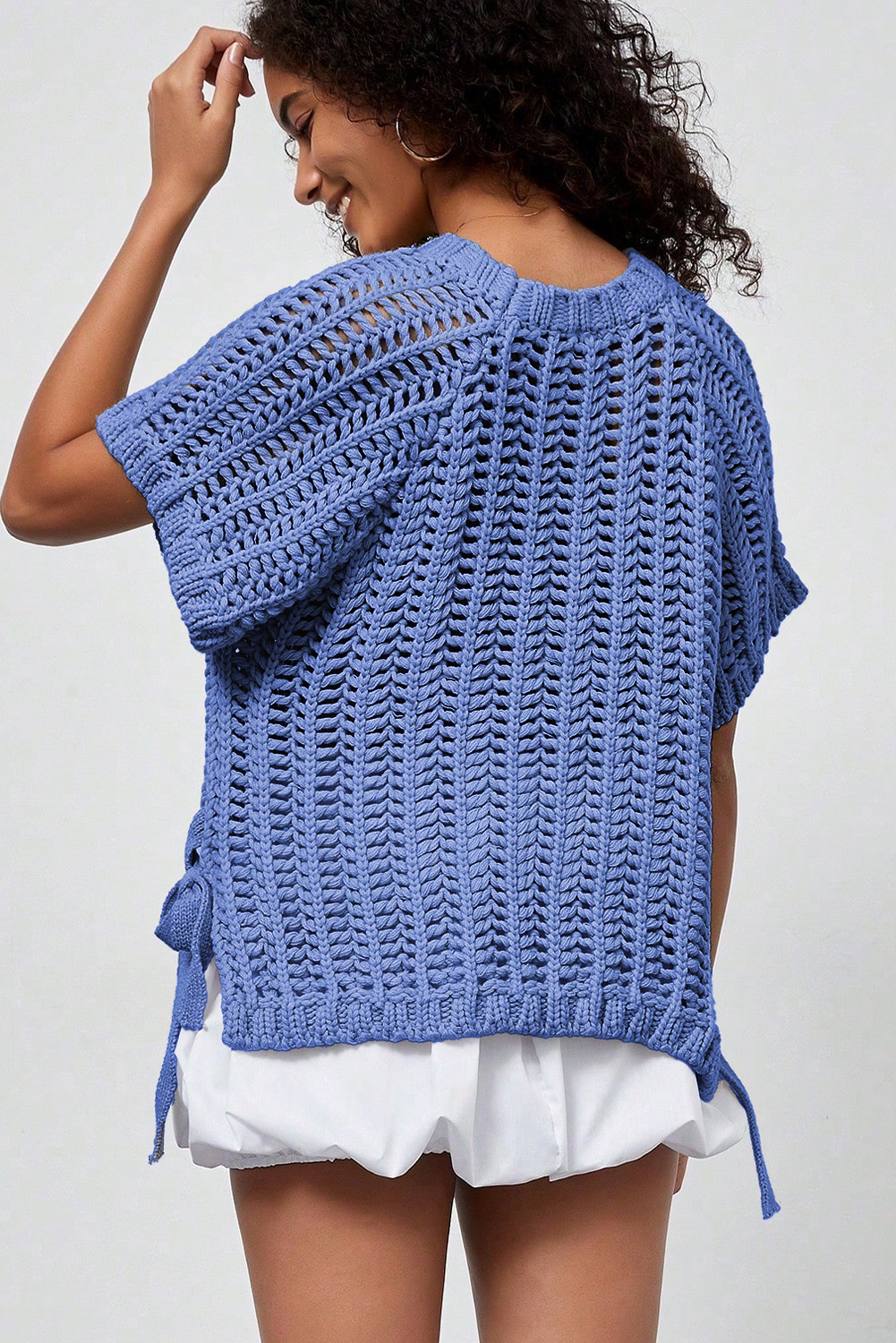 Ashleigh Blue Plus Size Open Knit Bow Tie Short Sleeve Sweater - Image 2