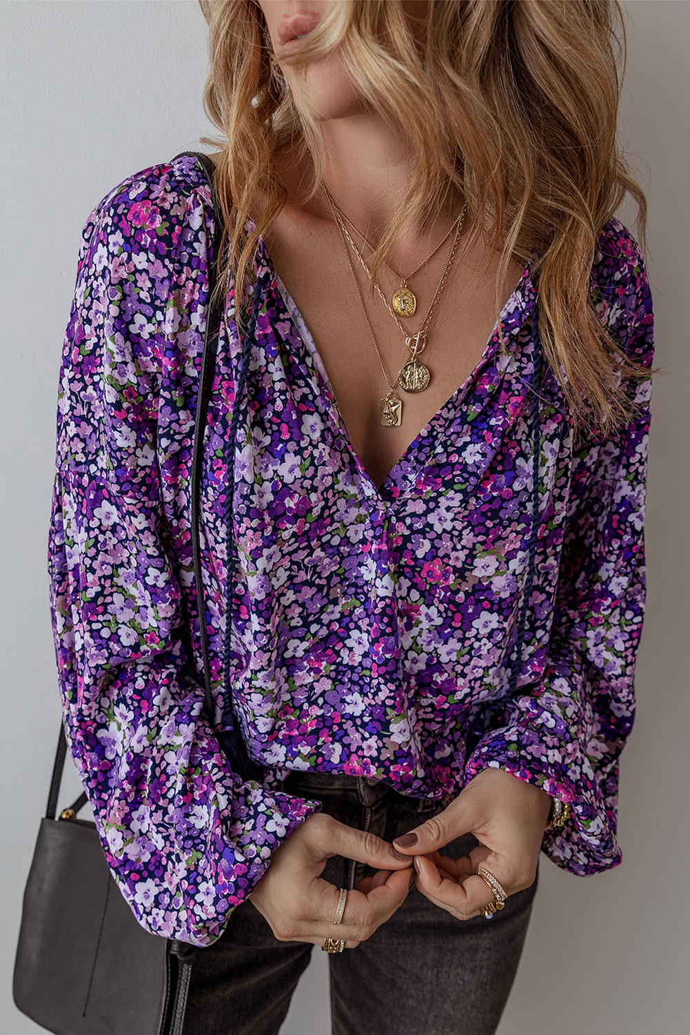 Purple Boho Flower Split V Neck Bubble Sleeve Blouse - Image 3