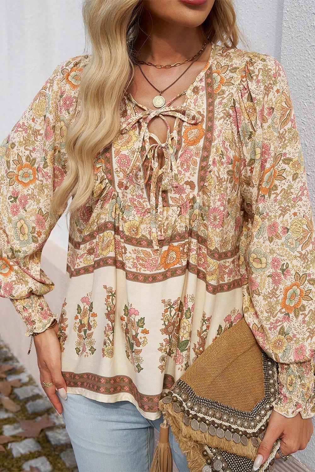 Yellow Floral Print Tie Neck Lantern Sleeve Blouse - Image 6