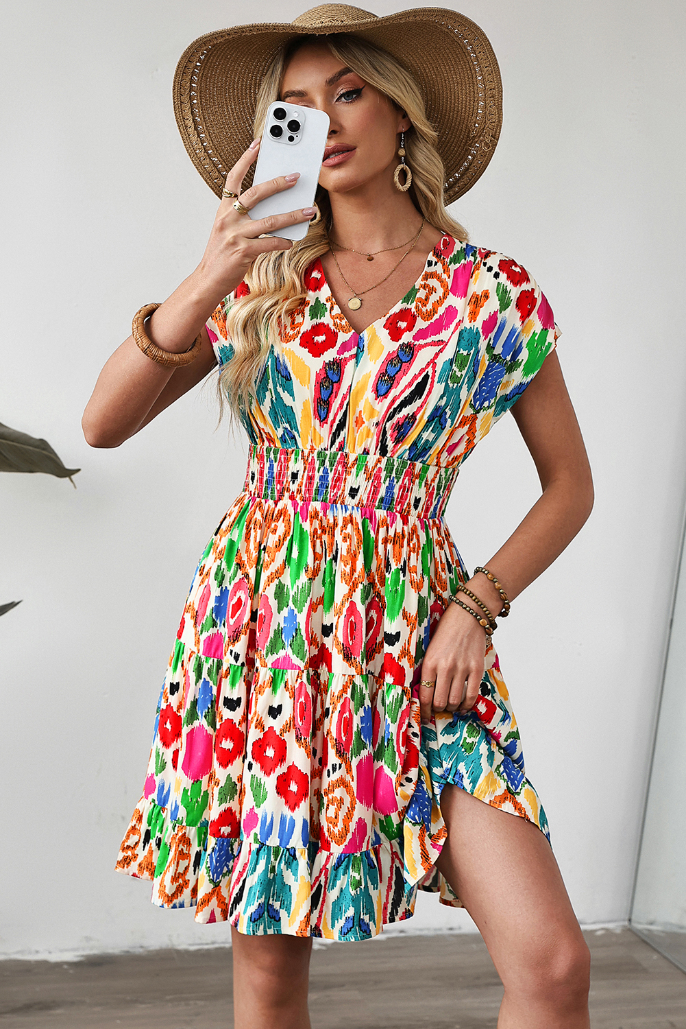 Sky Blue Abstract Print V Neck Dolman Sleeve Ruffle Tiered Mini Dress - Image 3