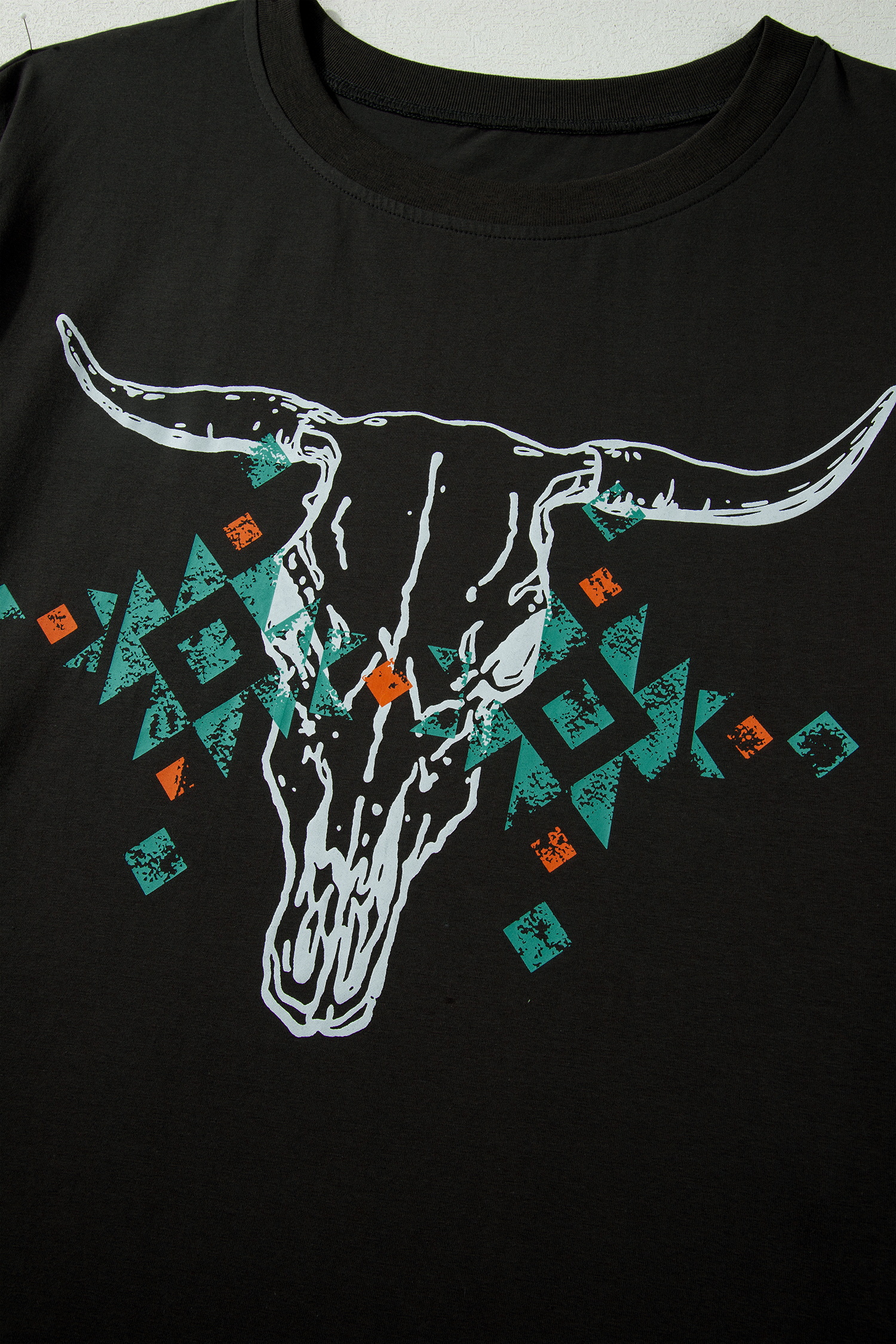 Carbon Grey Plus Size Western Aztec Bull Skull Printed T Shirt - Image 6