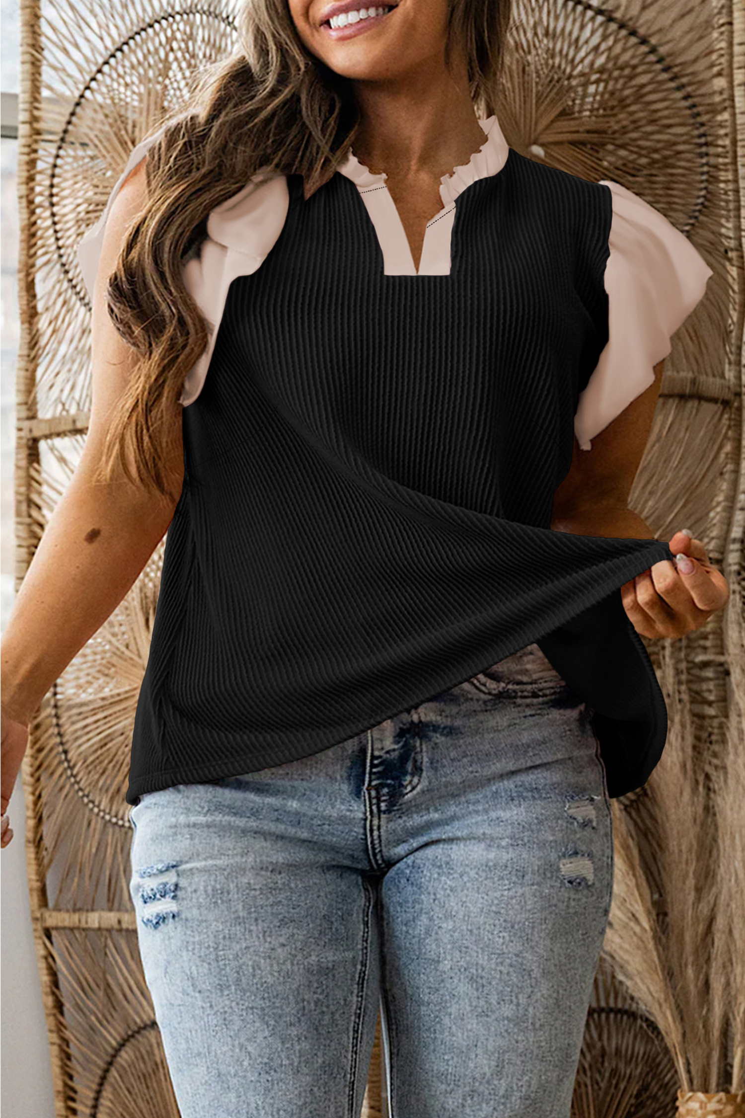 Fushia Plus Size Contrast Frilled Neckline Ruffled Short Sleeve Ribbed Textured Blouse - Image 4