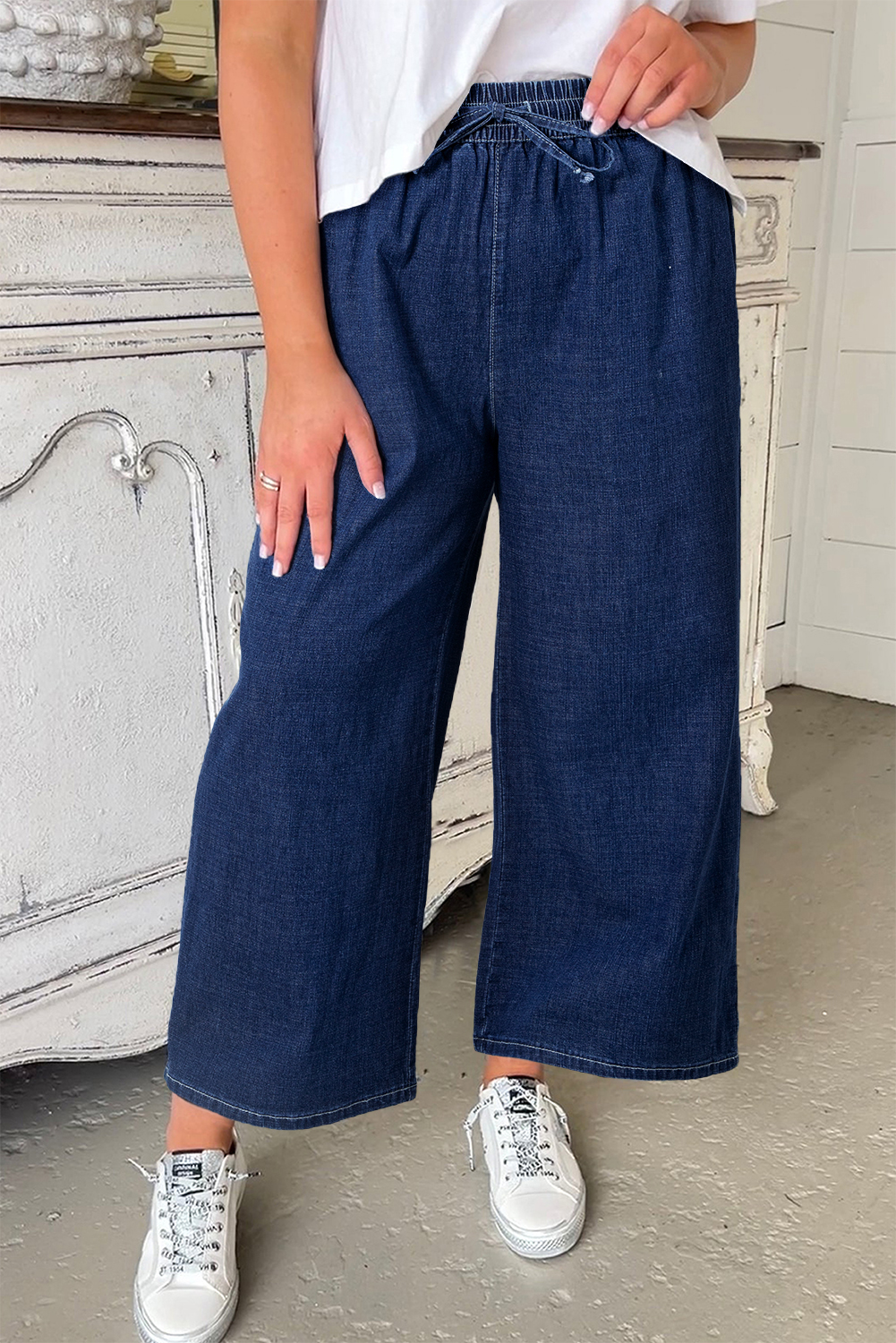 Real Teal Plus Size Drawstring High Waist Wide Leg Casual Jeans - Image 7
