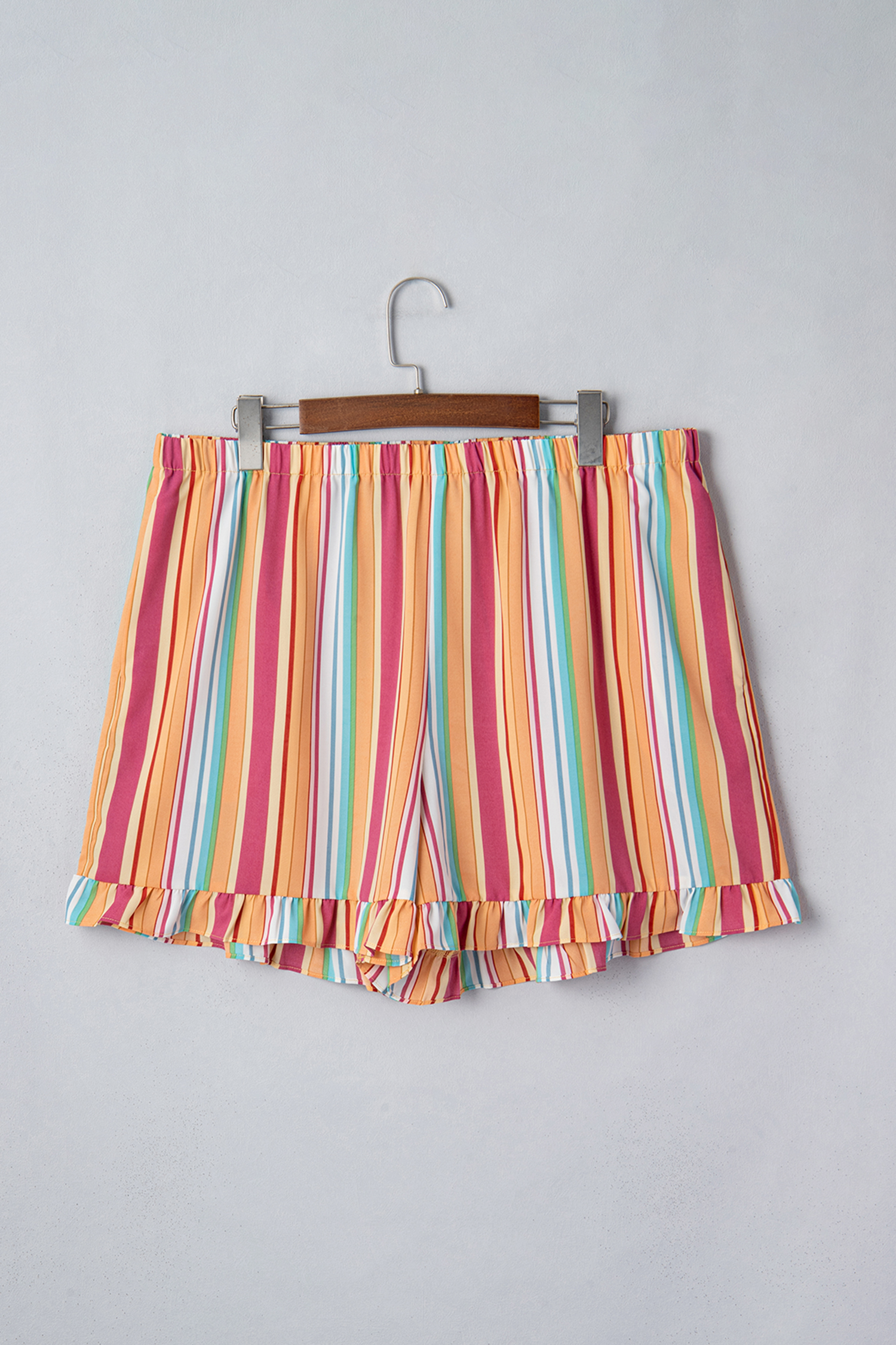 Orange Stripe Plus Size Elastic Waist Ruffle Hem Shorts - Image 2