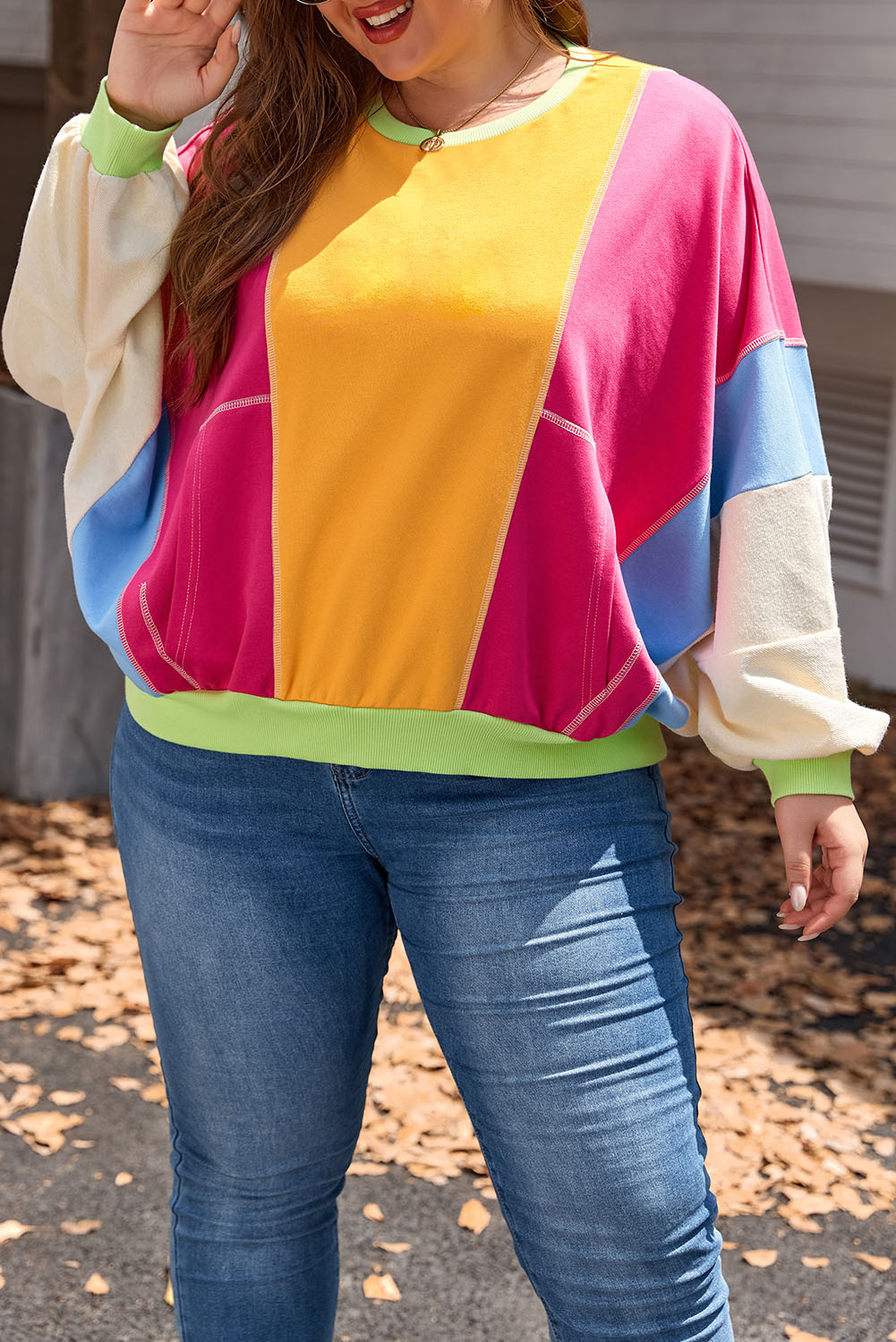 Rose Red Plus Size Colorblock Patchwork Exposed Seam Sweatshirt - Image 8